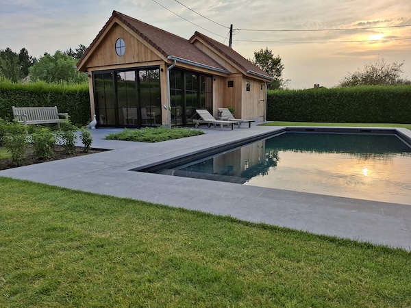 Natural stone wholesale realization Kurt - Pool house and natural stone terrace