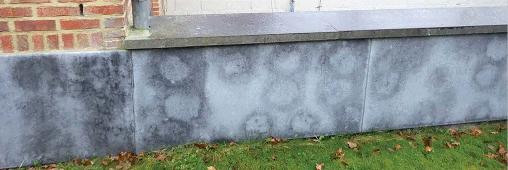 vlekvorming gevelplinten blauwe hardsteen lijmmortel