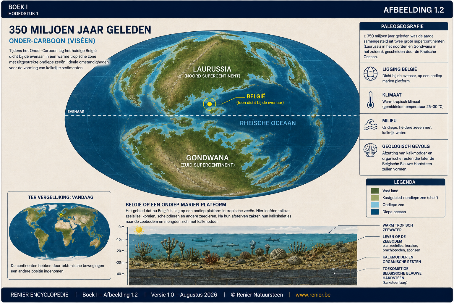 Carte paléogéographique de la Terre au Carbonifère inférieur, sur laquelle la Belgique actuelle se trouve près de l'équateur.