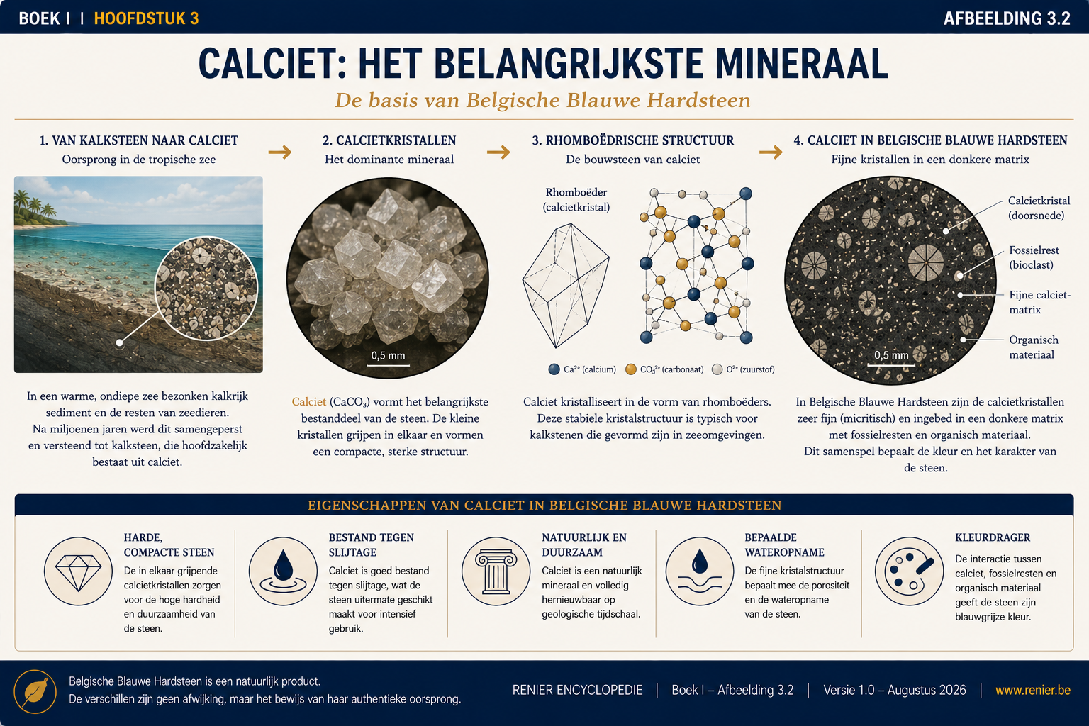 Infographie sur la calcite, principal minéral de la pierre bleue belge, présentant des cristaux de calcite, sa structure cristalline et la fine matrice de calcite de la pierre.