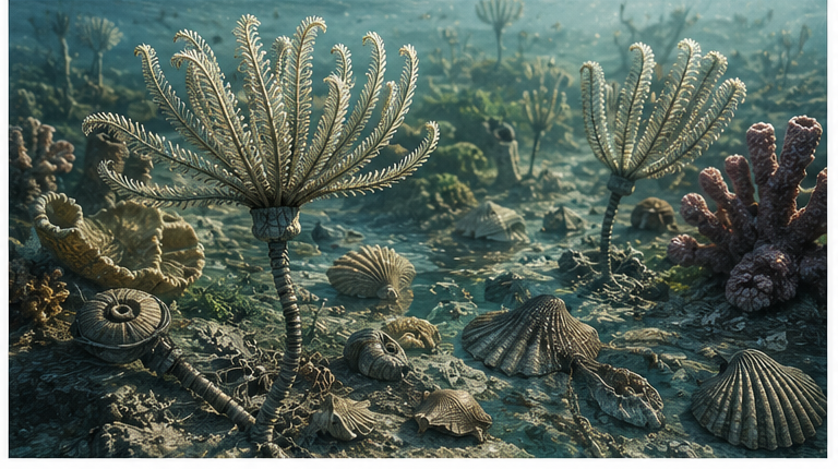 Reconstitution de lys de mer ou de crinoïdes sur un fond marin tropical