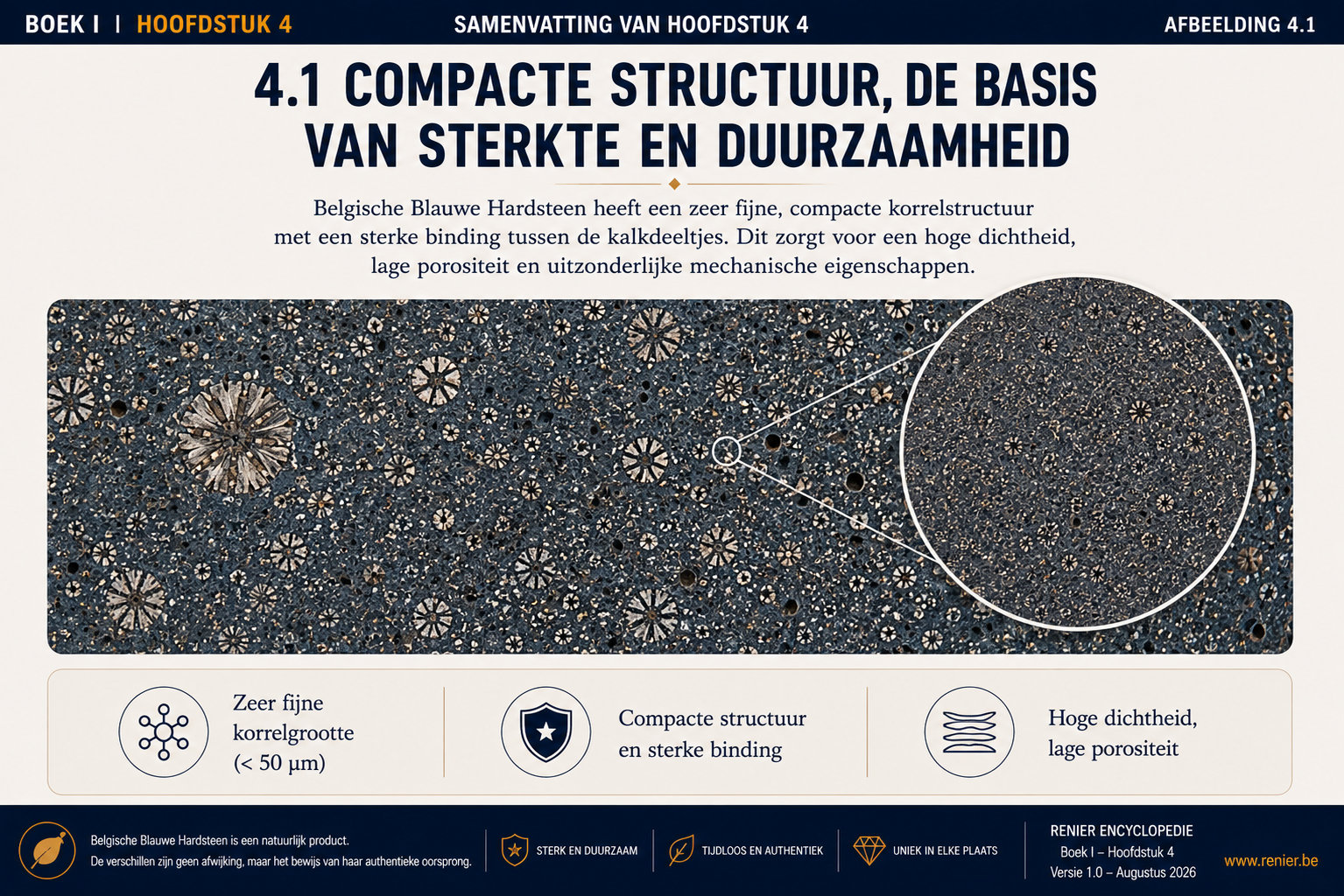 Structure compacte en pierre bleue belge, caractérisée par une granulométrie fine, une forte cohésion, une densité élevée et une faible porosité.